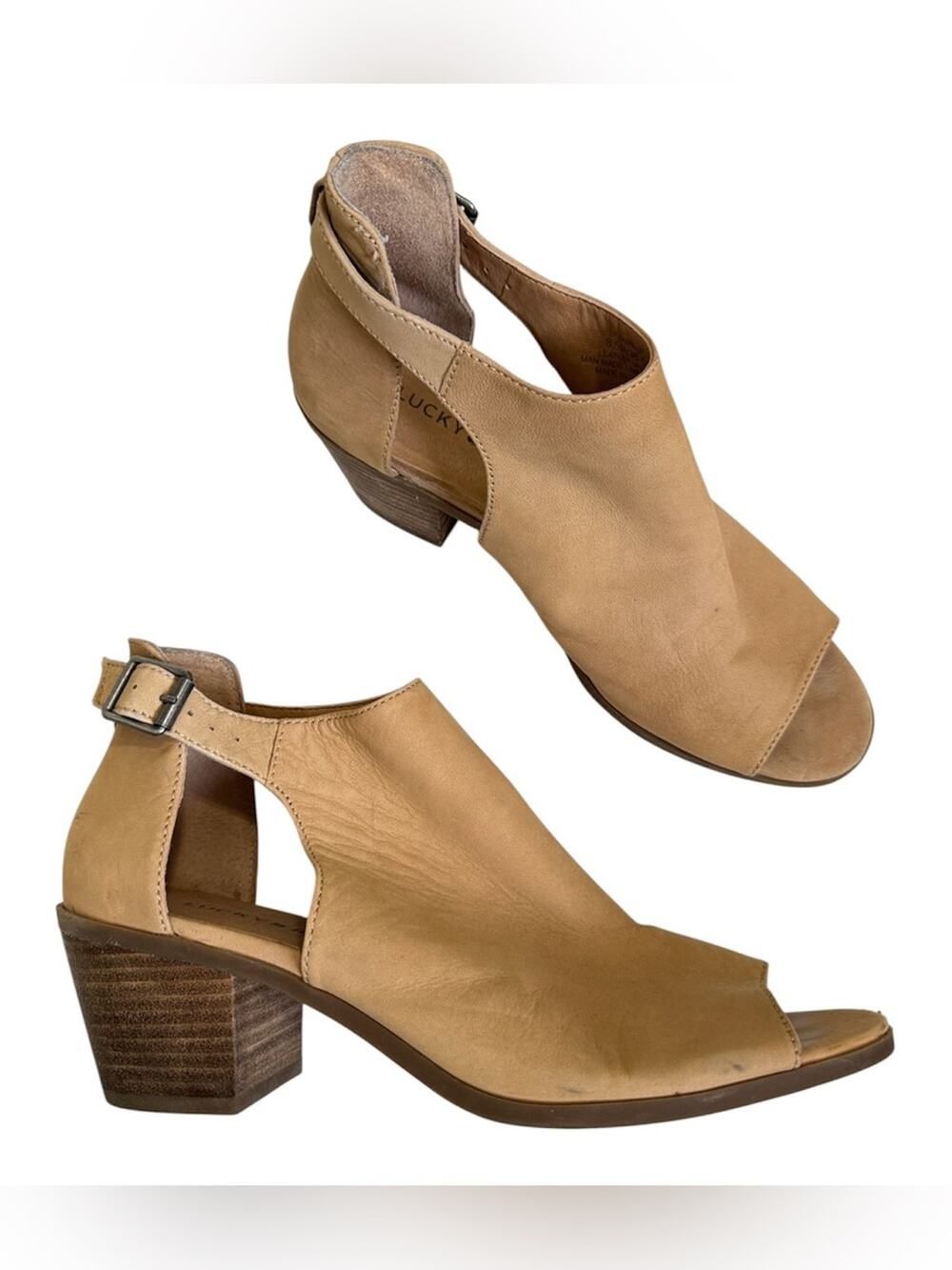 Lucky Brand Tan Leather Peep Toe Ankle Boots Womens 8 Casual Fall Buckle Heeled